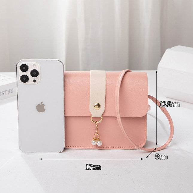 Casual Daily Small Shoulder Bag, Ladies Color Block Phone Crossbody Bag, Elegant Pearl Decor Mini Handbag