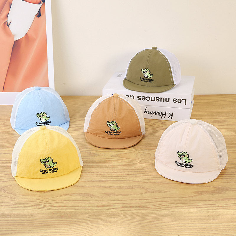 Children's Cartoon Crocodile Pattern Embroidered Patchwork Net Fabric Lightweight Short-brimmed Baseball Cap, Suitable For Outdoor Play, Very Cute And Casual Style