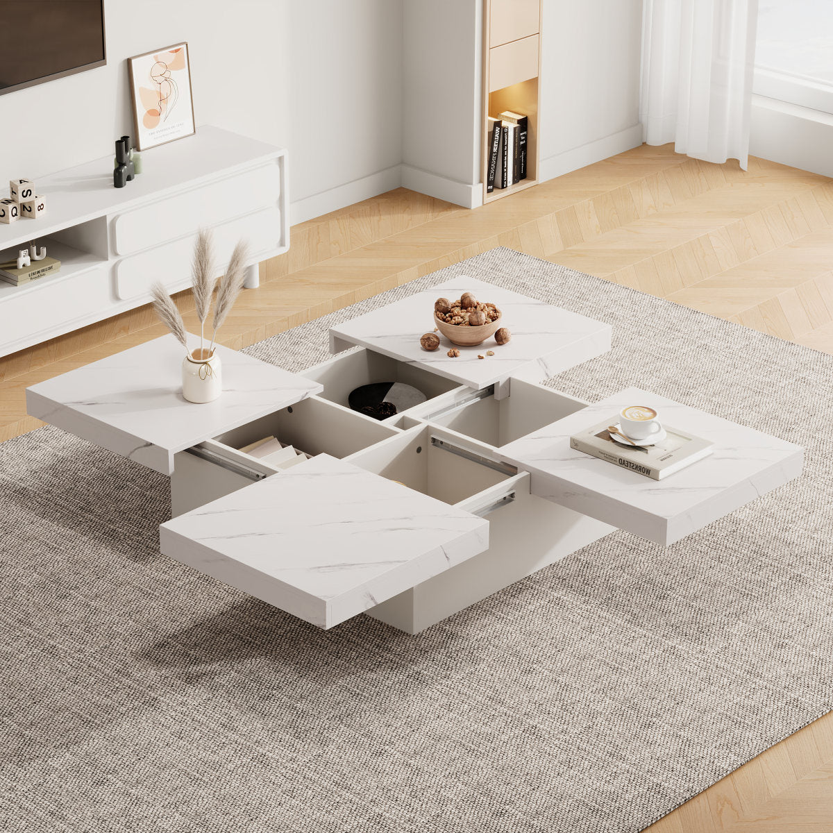 Modern White Square Coffee Table With Marble Effect, 90 X 90 X 25 Cm  Four Drawers, Sliding Table Top, Loadable Up To 30 Kg