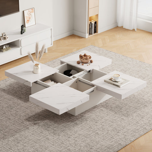 Modern White Square Coffee Table With Marble Effect, 90 X 90 X 25 Cm  Four Drawers, Sliding Table Top, Loadable Up To 30 Kg