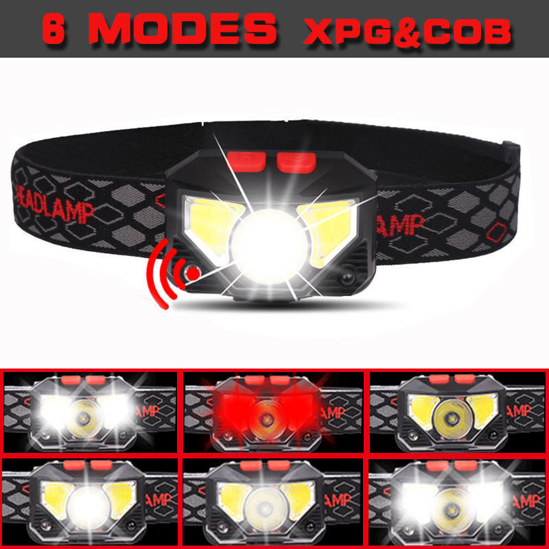 USB Charging Warning Red LED Strong Light Induction Headlight Outdoor