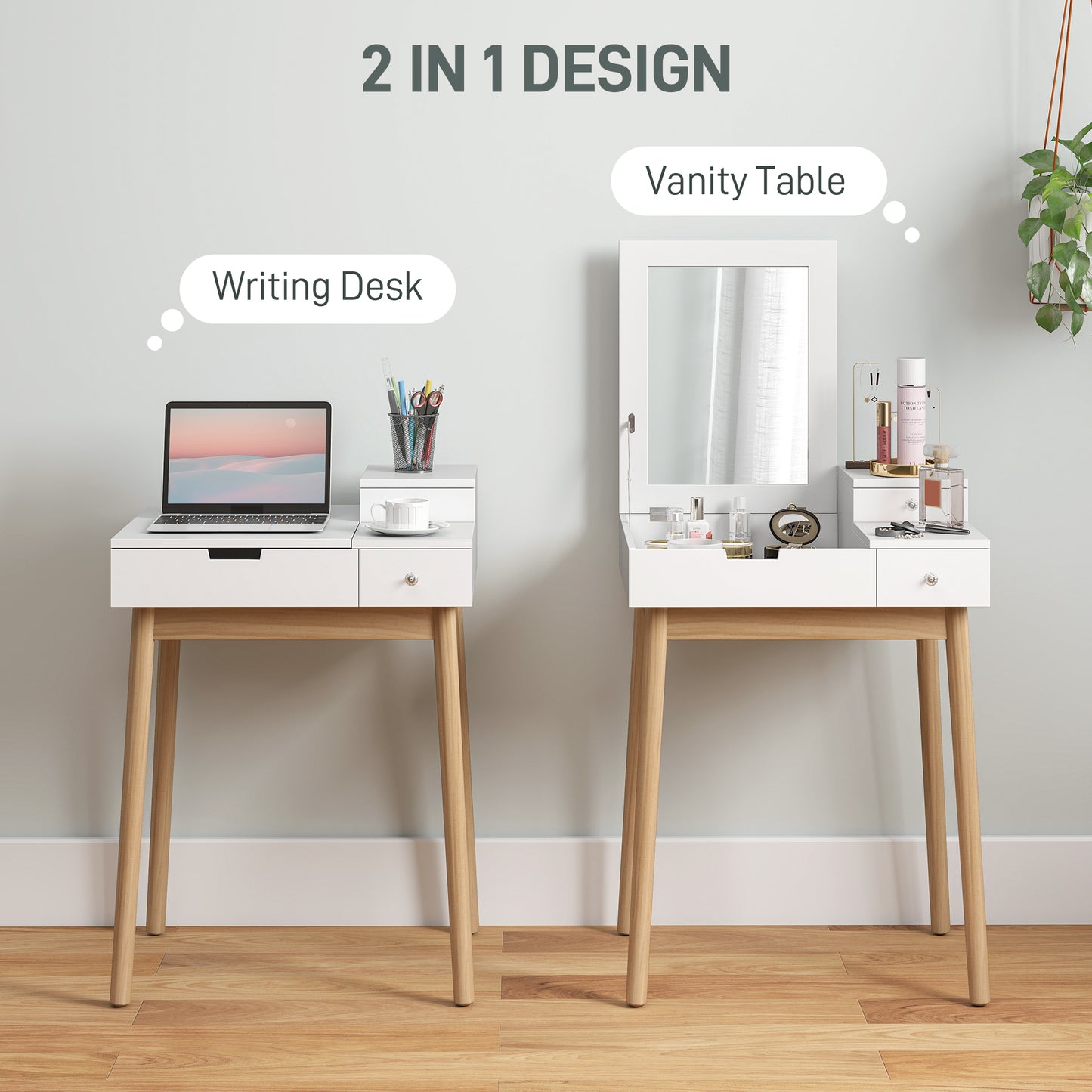 Dressing Table With Flip-up Mirror, Makeup Desk With 2 Drawers And Pine Wood Legs, Vanity Table Writing Desk For Bedroom Living Room, White