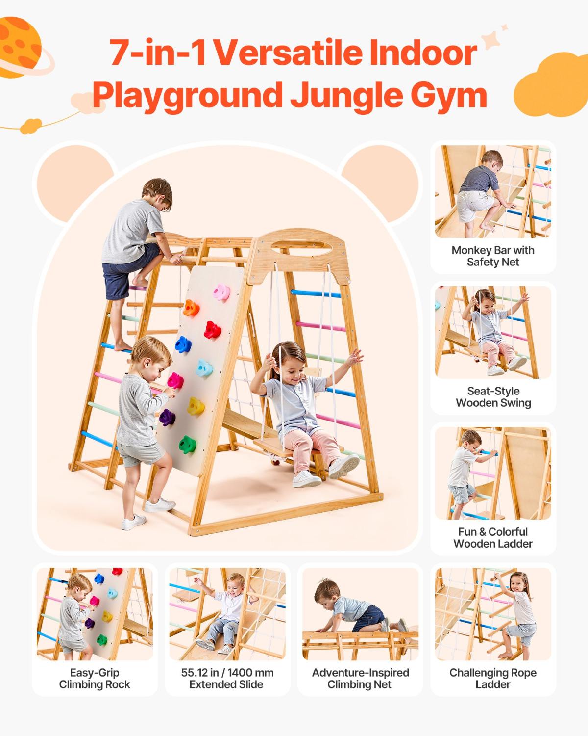 Indoor Playground Jungle Gym, 7-in-1 Wooden Indoor Playground For Kids, 250LBS Montessori Climbing Toys Playset With Swing, Monkey Bar, Slide, Wooden Ladder, Rope Ladder, Climbing Net & Rock