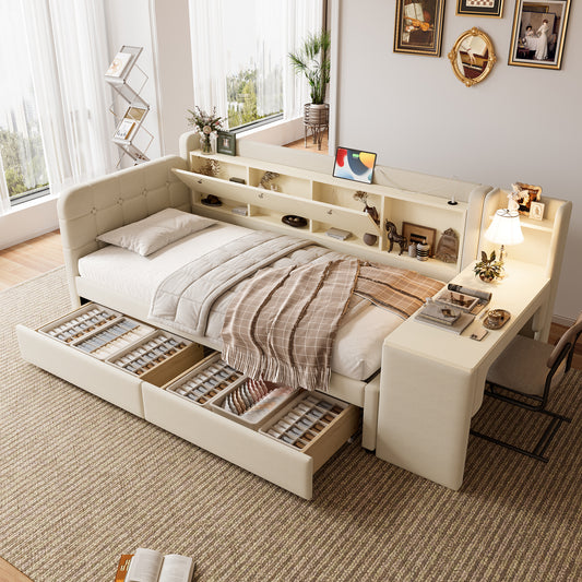 Daybed, Daybed, Sofa Bed, With 2 Drawers, Desk, USB  Type C, Flip-top Storage Compartment, Storage Compartment, Bed With Slatted Base Without Mattress, Linen, Beige