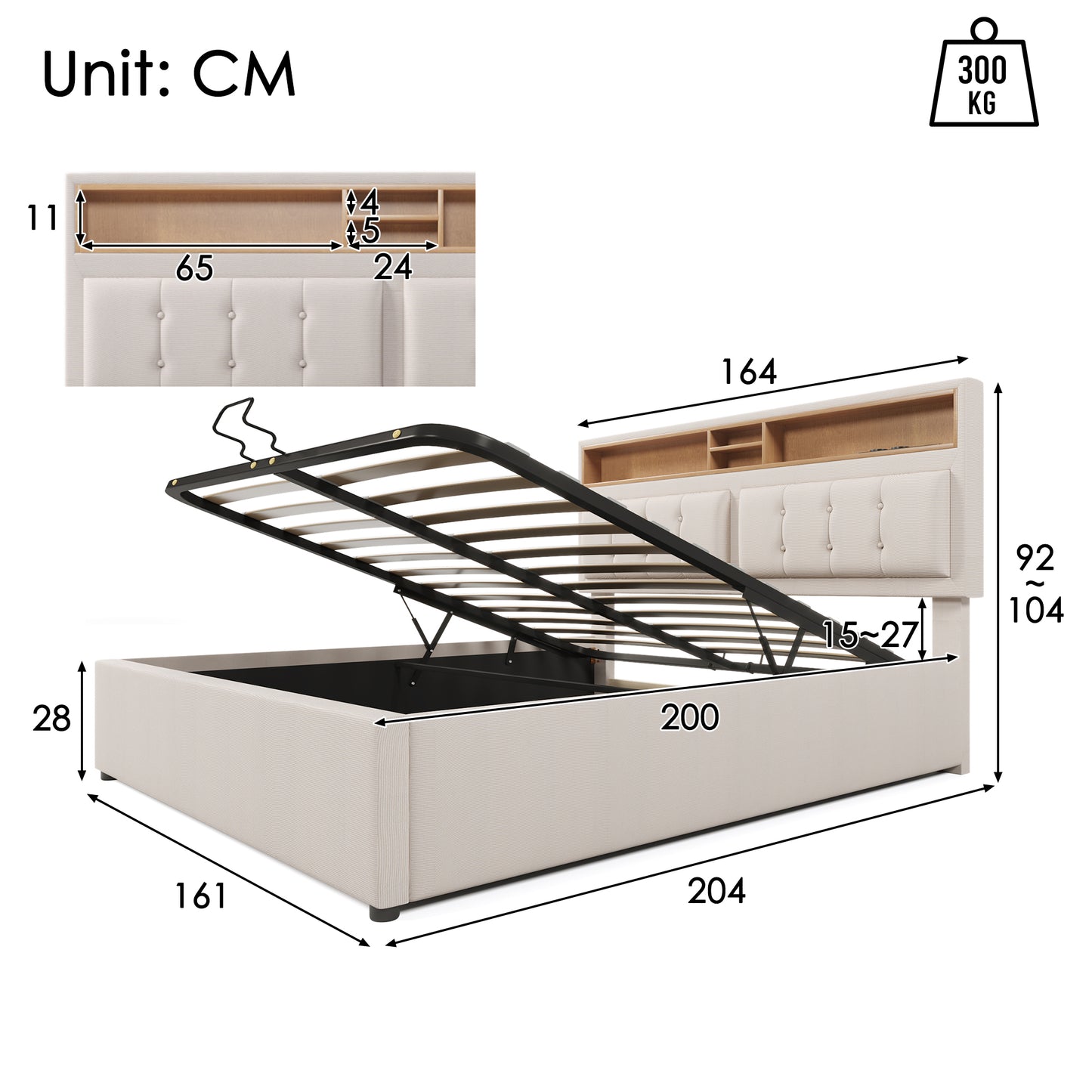 Upholstered Bed Double Bed With USB C Socket Charging Function Headboard, Storage Beds Bed Frame Made Of Linen Material Youth Bed 160x200 With Slatted Base Without Mattress