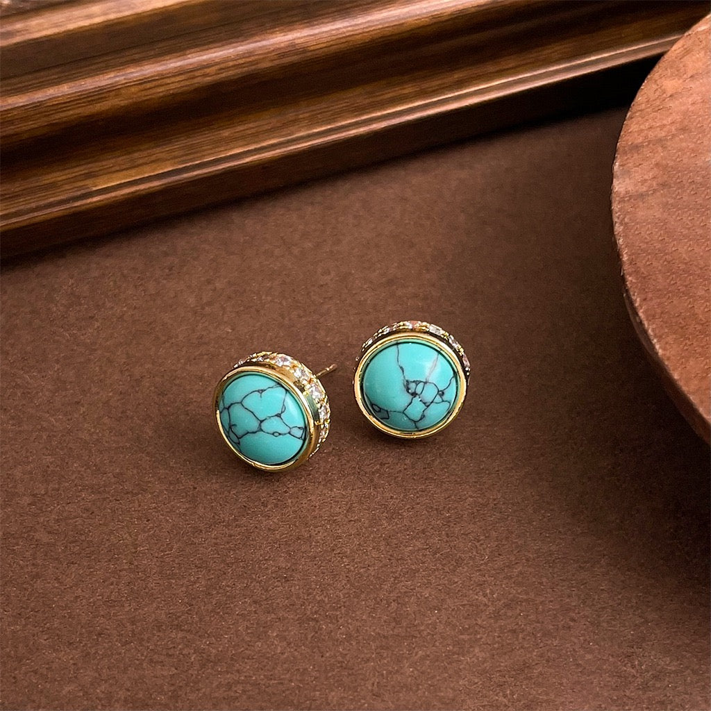 Retro Artistic Turquoise Earrings For Women Synthetic Stone Stud Earrings Vintage Bold Jewelry Gift