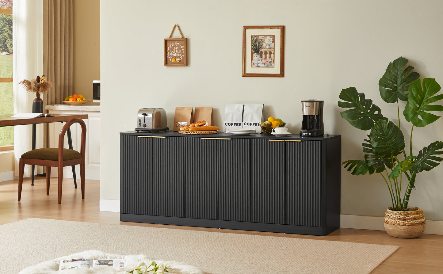 170cm Modern Sideboard With Wave Shape,Storage Cabinet With Curved Contour Design,6 Door Cabinet With Storage Function,Suitable For Kitchen Bedroom Living Room,Black,170x 40x70.5cm
