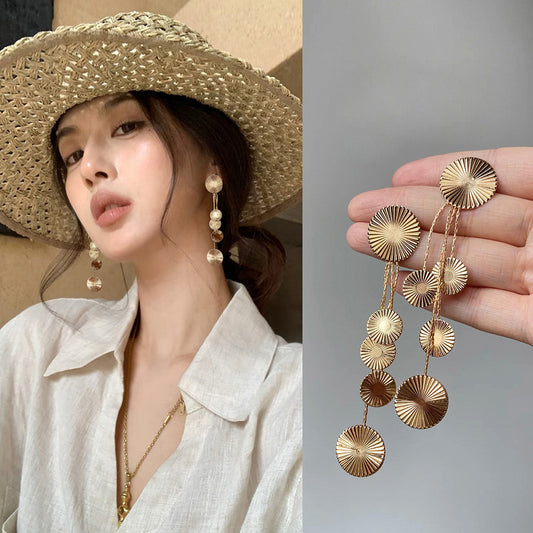 Silver Needle Metal Texture Round Tassel Earrings For Women Fashion Personality Versatile Luxury