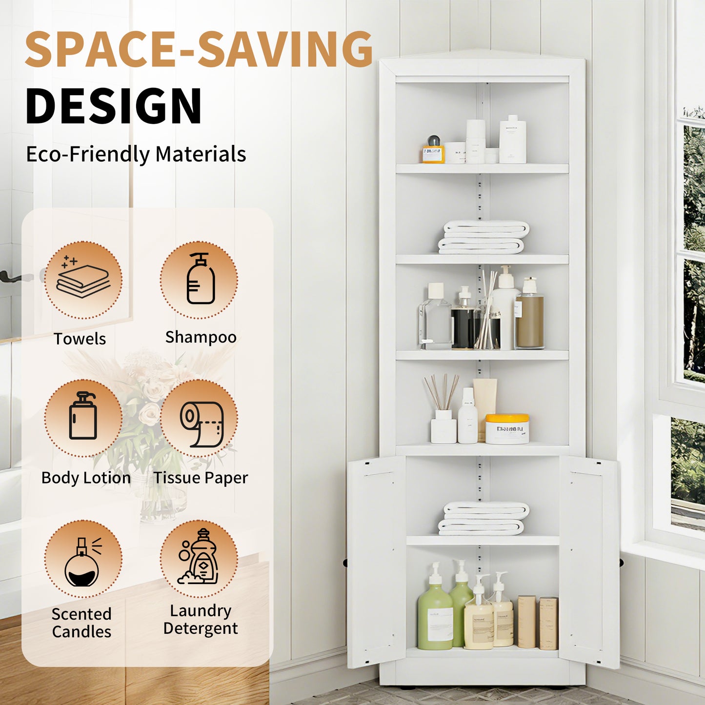 71  Tall Corner Storage Cabinet With 2 Doors, 5-Tier Metal Cabinet With Adjustable Shelves, Freestanding Kitchen Storage For Pantry, Living Room, Bathroom, Laundry Room, Space Saving Furniture, White