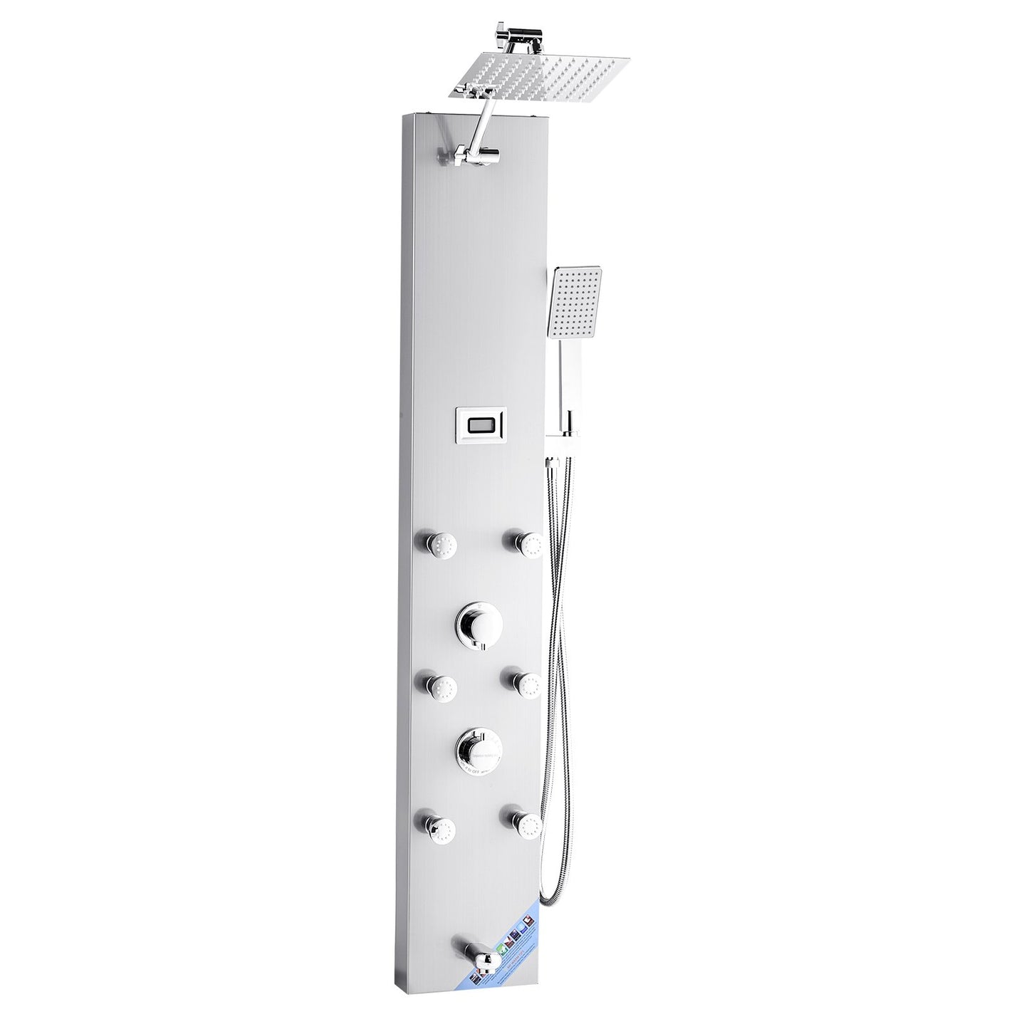 Shower Panel Tower System With Rainfall Shower Head, LED, 49 In Brushed Stainless Steel Shower Column, 4-Function Faucet, Wall-Mount Rain Massage System With 6 Body Jets, Handheld, And Tub Spout