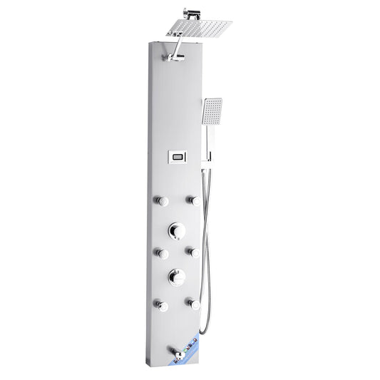 Shower Panel Tower System With Rainfall Shower Head, LED, 49 In Brushed Stainless Steel Shower Column, 4-Function Faucet, Wall-Mount Rain Massage System With 6 Body Jets, Handheld, And Tub Spout