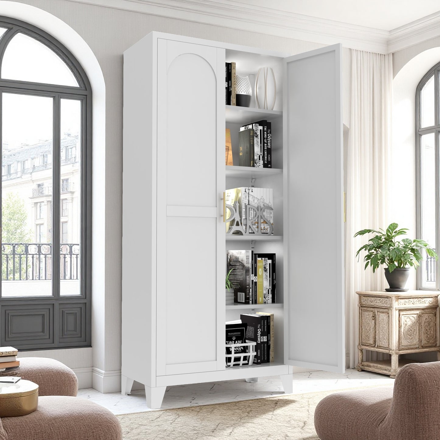 71 2 Shapely Doors Cabinet, Metal Storage Cabinet With Doors And Adjustable Shelves, For Bedroom, Living Room, Kitchen White