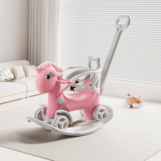 Rocking Horse For Toddlers, Balance Bike Ride On Toys With Push Handle, Backrest And Balance Board For Baby Girl And Boy, Unicorn Kids Pink Color  Old SKU W509125829