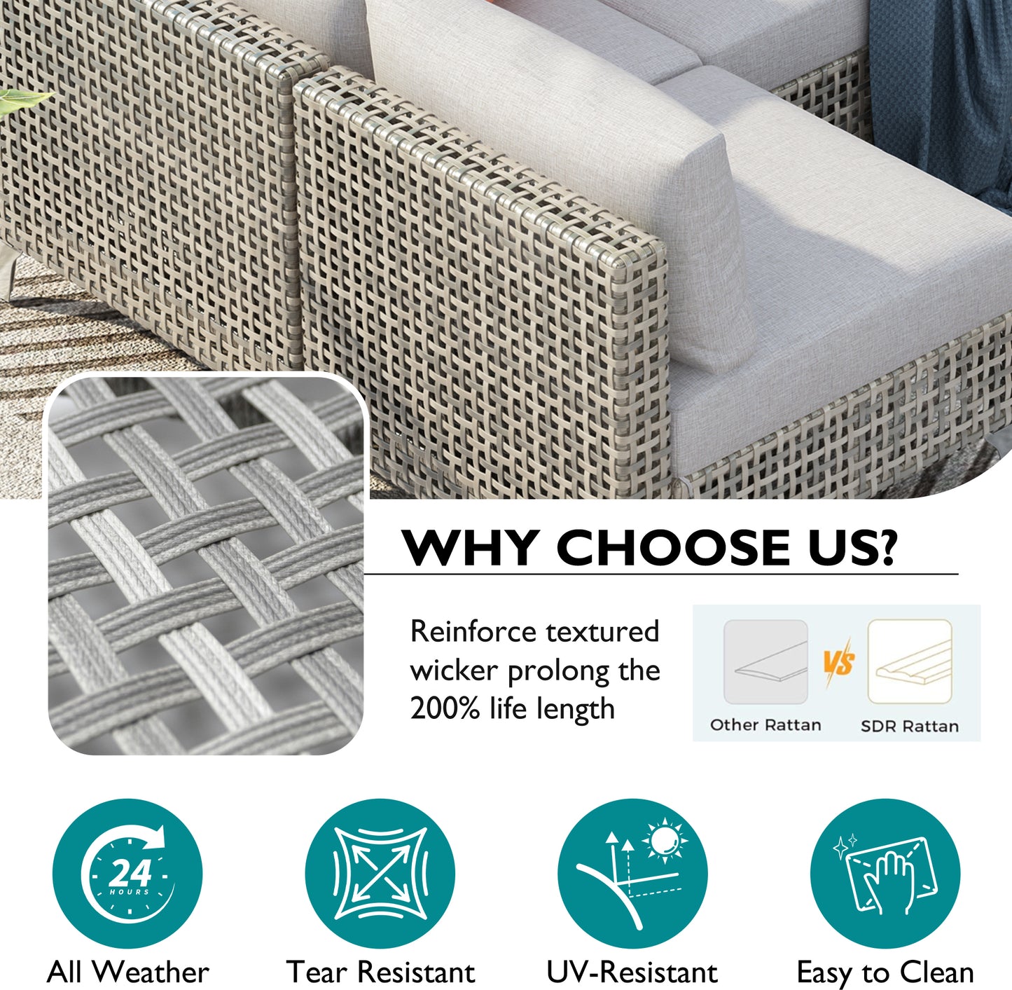 K&K 7-Piece Wicker Patio Furniture Set, Outdoor Conversation Set Sectional Sofa With Water Resistant Grey Thick Cushions And Coffee Table For Outdoor Couch, Porch, Backyard - Grey