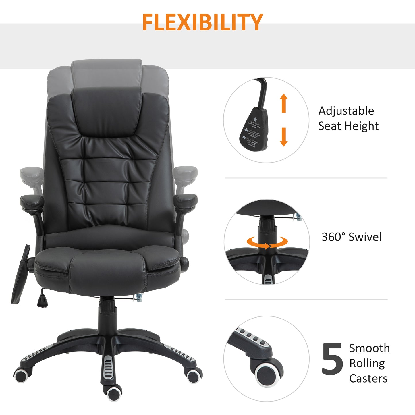 6-Point Massage Office Chair With Seat Heated For Home Office, PU Leather High Back Executive Desk Chair With Adjustable Height And 360° Swivel For Work Study, Black
