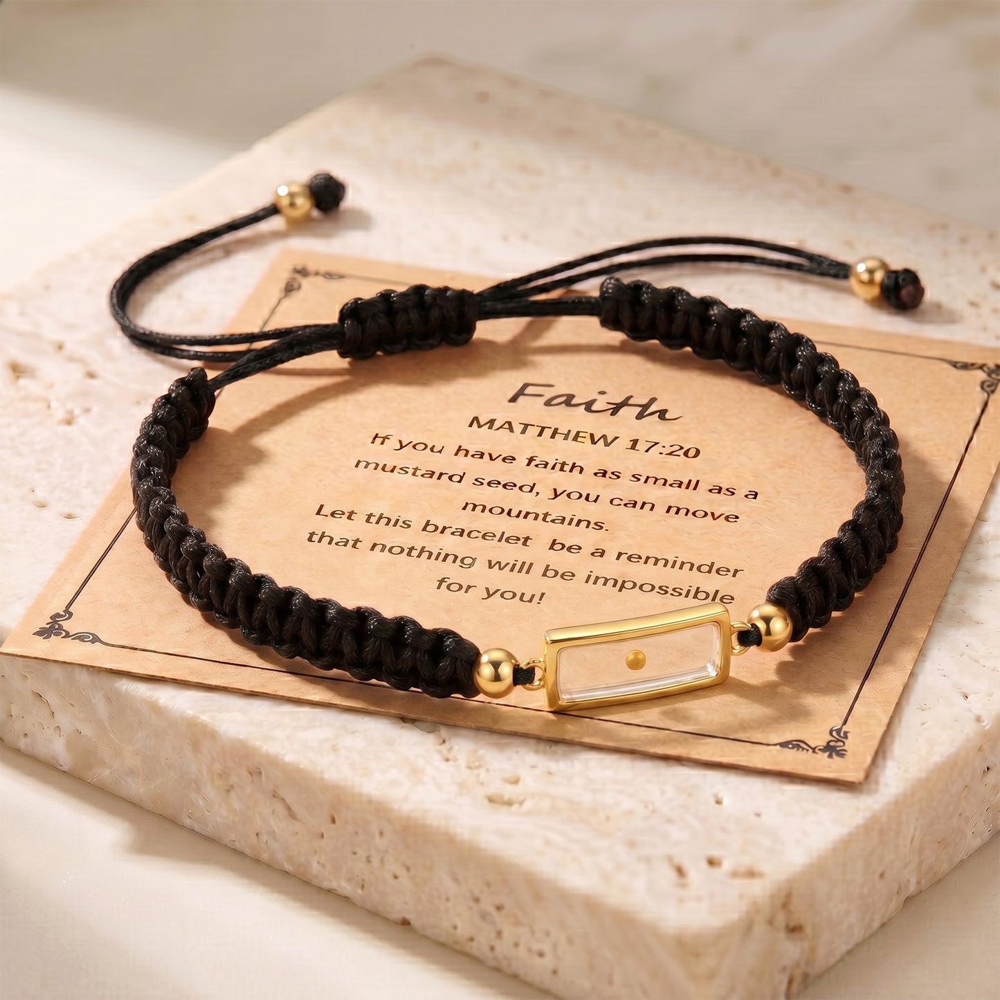 Real Mustard Seed Faith Bracelet, Adjustable Braided Nylon Cord Bracelet For Women Men, Stainless Steel Religious Christian Gift With Scripture Card
