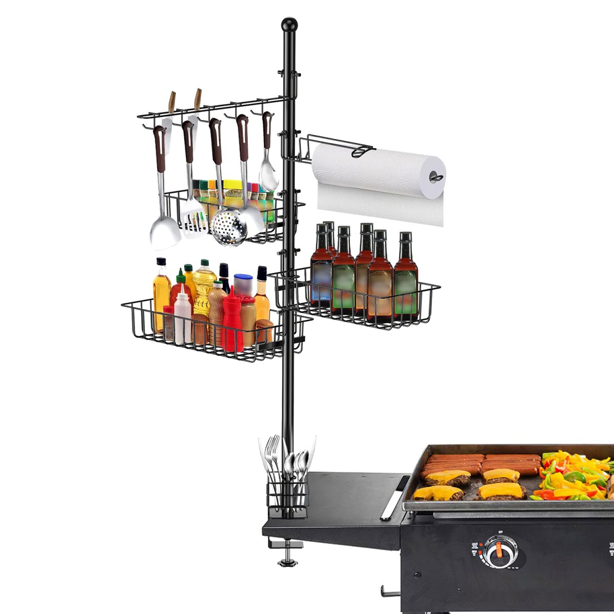 1Pc Griddle Caddy For Picnic With Paper Towel Holder Hook Baskets BBQ Accessories Storage Rack Vertical Standing BBQ Organizer Grill Utensil Storage Fit For Blackstone Griddle