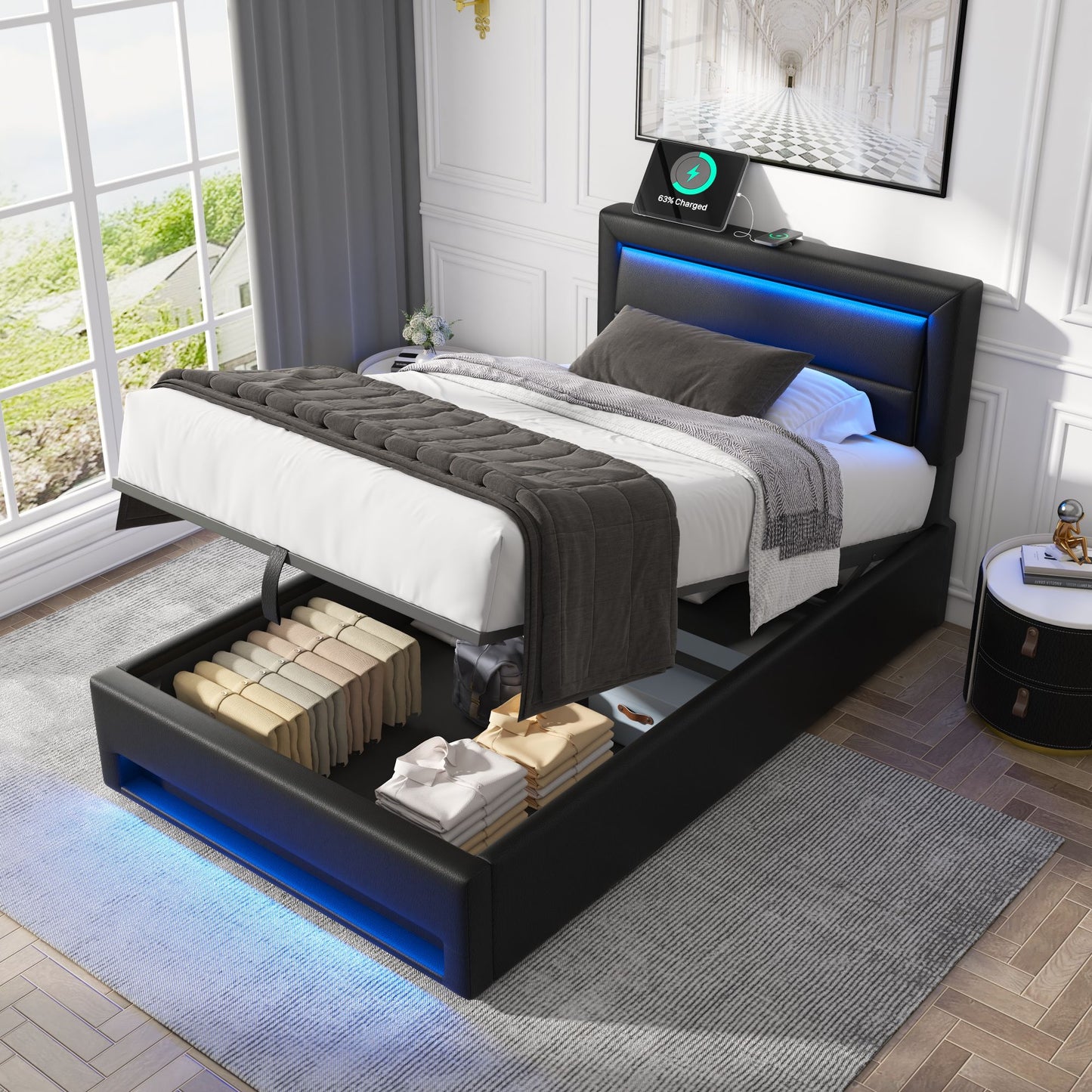 Upholstered Bed 90 X 190 Cm, With USB Port  Supports Wireless And Wired Charging , With LED Lighting And Storage, Without Mattress, PU Lychee Pattern, Black