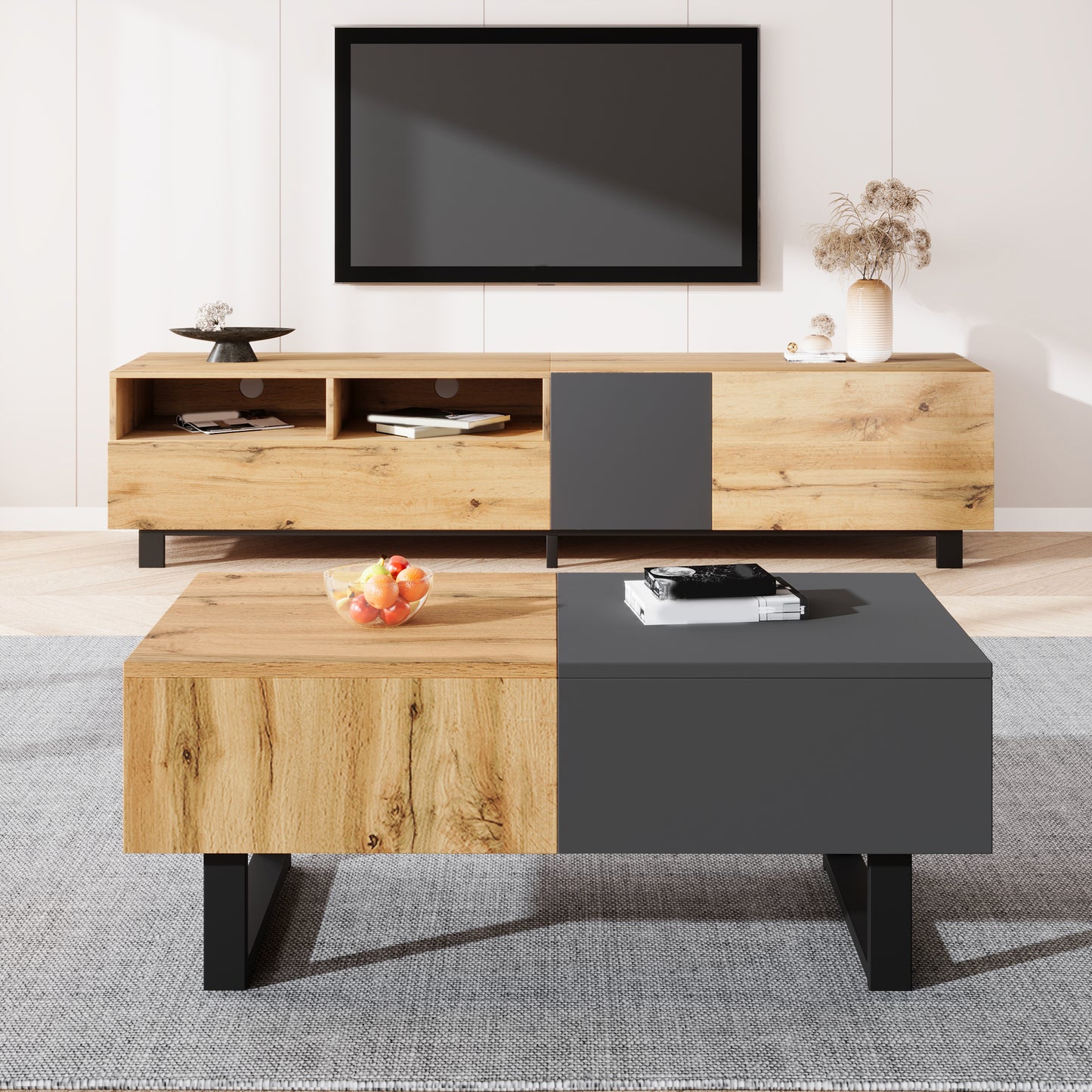 Multifunctional Modern Sliding Coffee Table With Hidden Storage, High Quality Wood And Metal Bracket, Suitable For Home And Office Setting, Easy To Install, 155x55x40cm