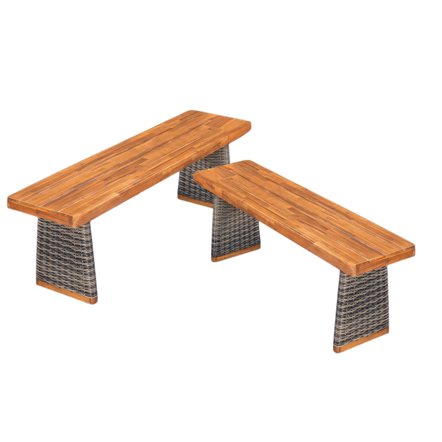 Outdoor Acacia Wood Bench Set Of 2 ,Teak Finish  Grey Wicker