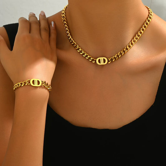 European American Women Light Luxury Cuban Jewelry Set, Niche Geometric Hip Hop Design Long Clavicle Necklace & Matching Wrist Accessories