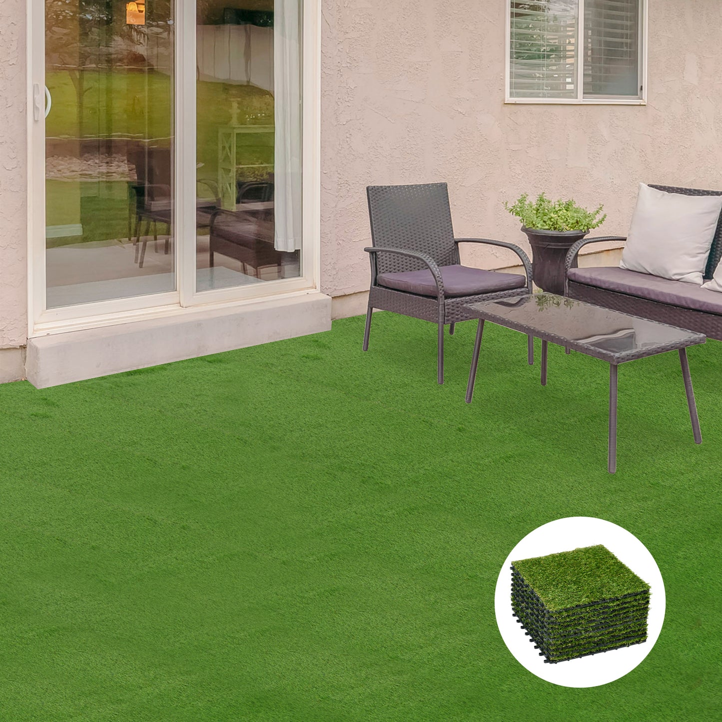 Kunstrasen, Naturgetreu, Drainagefunktion, 6,5 K Fasern/m², 25mm Höhe, 10-er Set Je 30x30cm, Grün