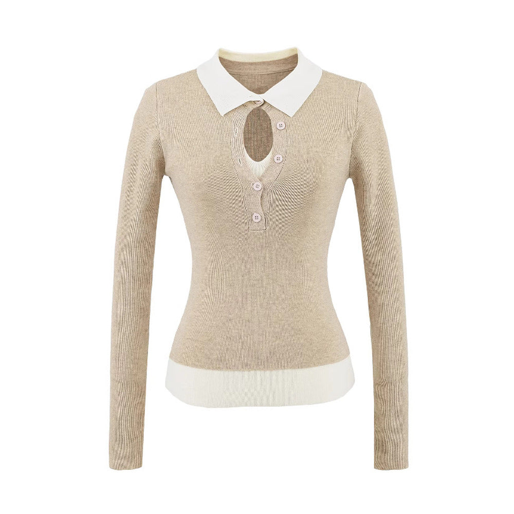 Korean Spring Stacked-Look Fake Two-Piece Color-Block Knit Sweater