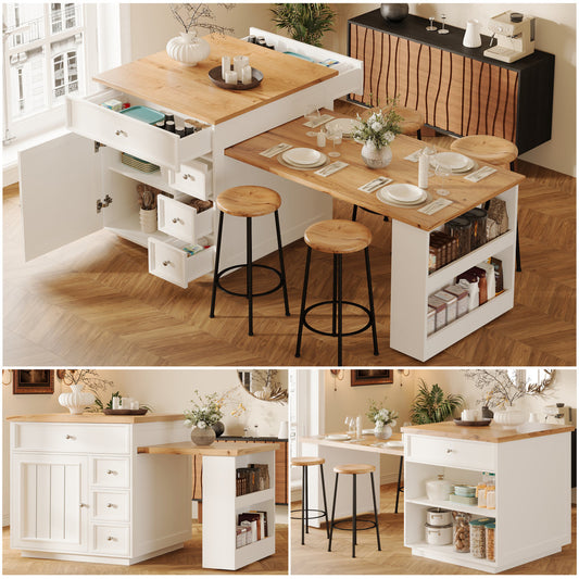 Extendable Kitchen Island  120-184 Cm With Drawers And Casters, Mobile Kitchen Island With Wood-look Tabletop, Versatile Counter Island For Kitchen, Dining Room & Bar Counter, White Black