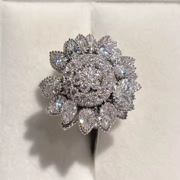 Flower Adjustable Open Silvery Ring For Women, Trendy Elegant Unique Cubic Zirconia Enamel Front Open Floral Leaf Easter Jewelry Gift-flower