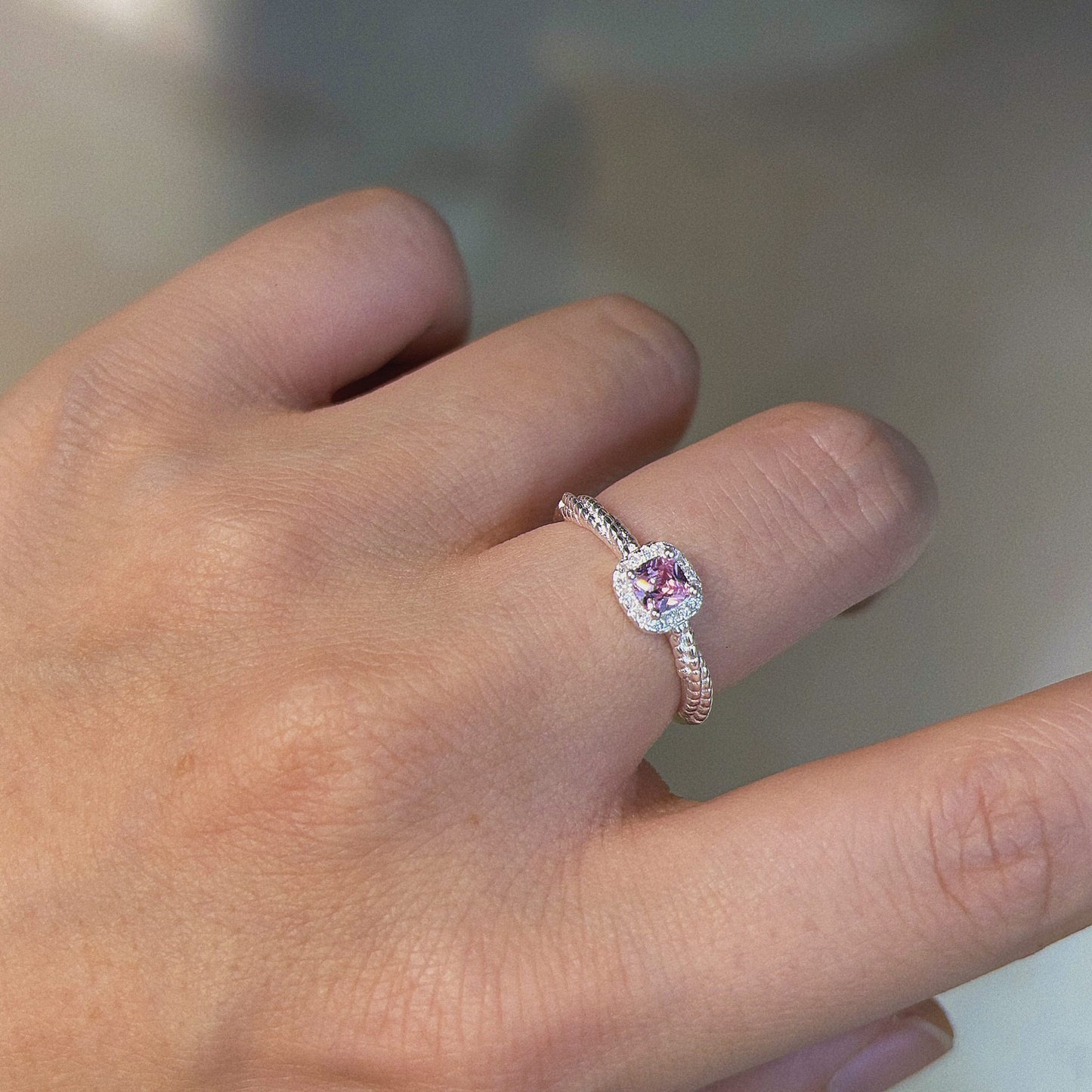 1 Piece 999 Sterling Silver Pink Cushion Cut CZ Ring, Halo Pave Twisted Band Style, For Daily Wear & Valentine's Gifts