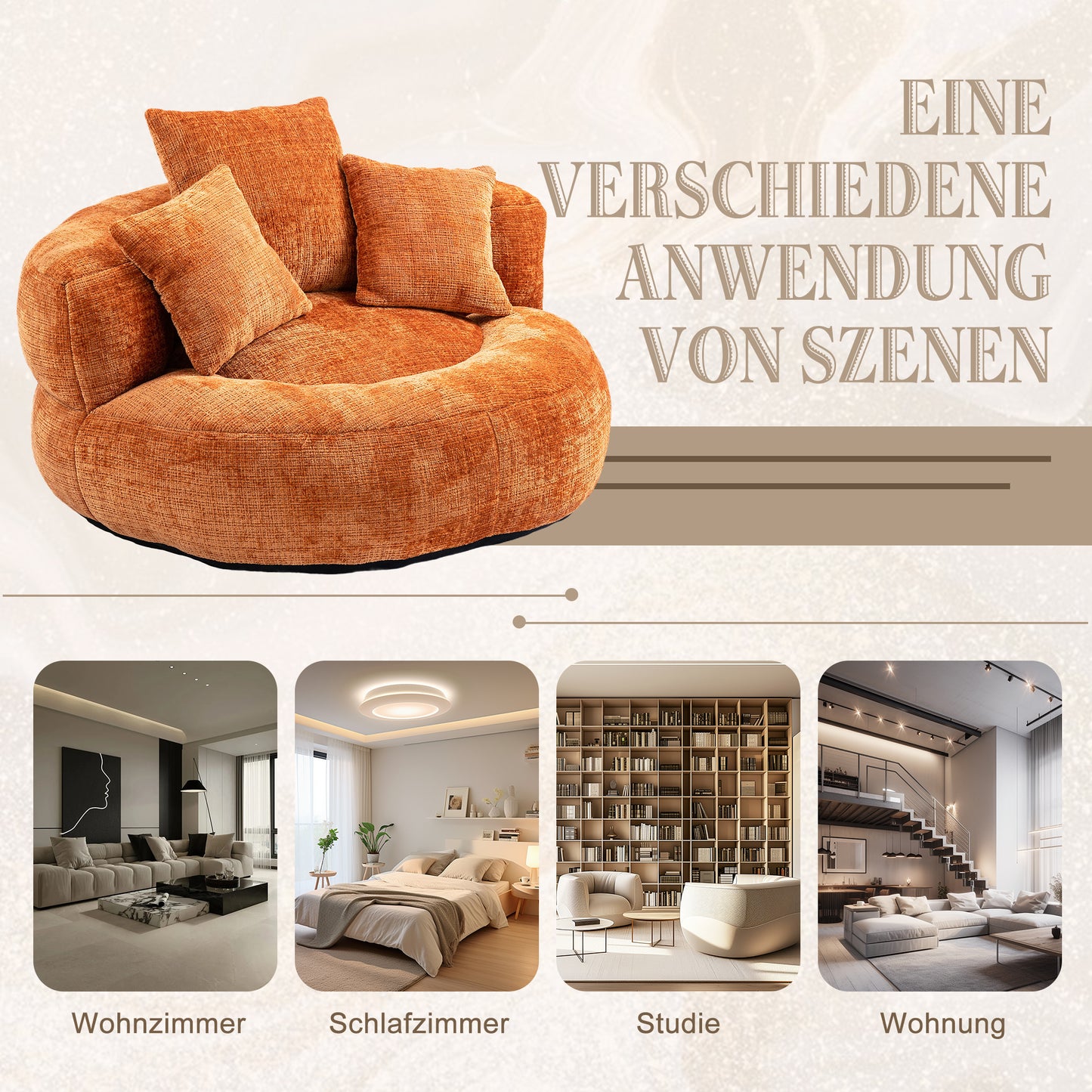 Lazy Sofa Durable Comfort Lounger High Back Bean Bag Chair Couch With Three Cushions For Adults And Kids, Indoor & Outdoor, Single Gaming Sofa Chair For Bedroom, Office  Orange Chenille