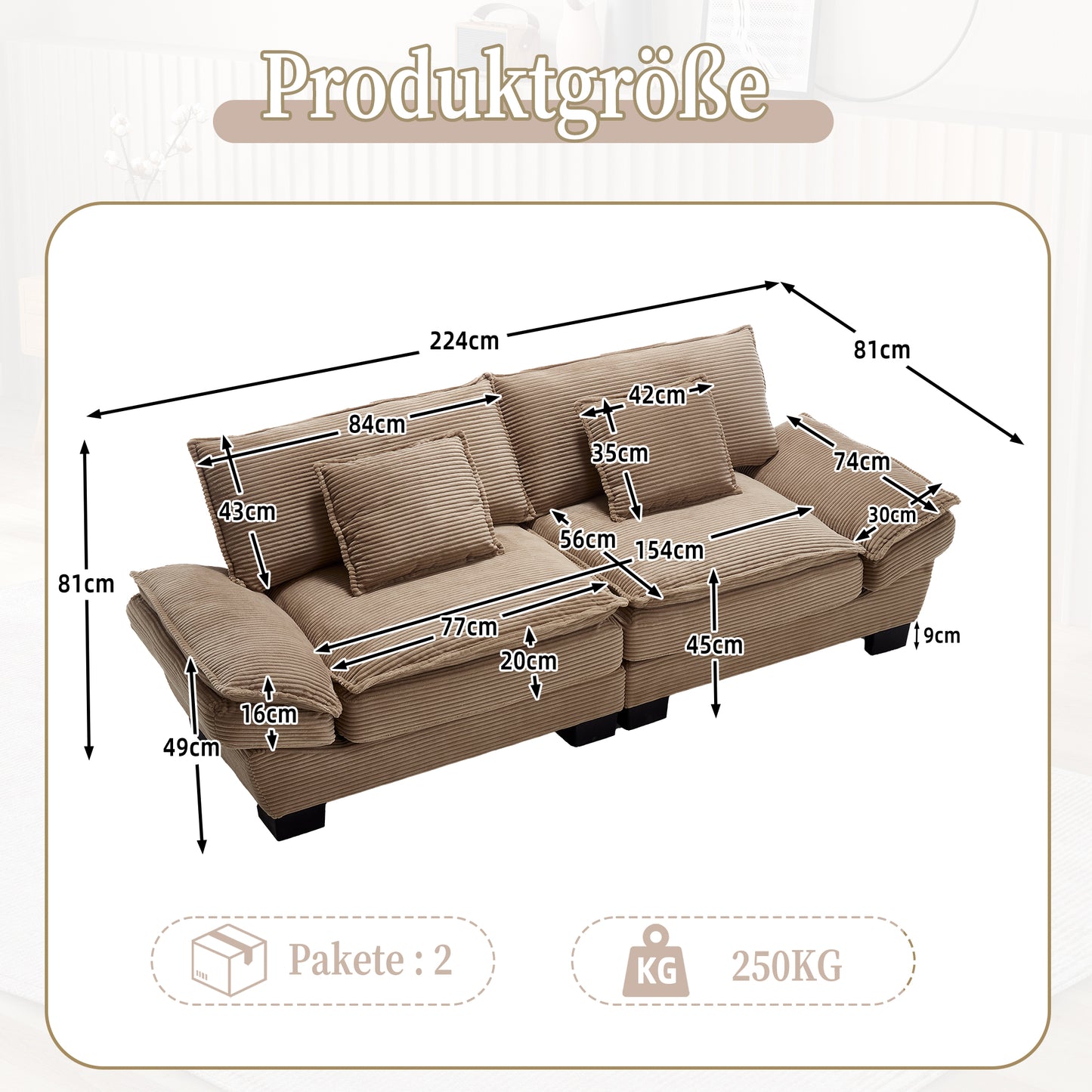 A Modern, Simple Double Sofa With A Feather Bed, Which Reaches A Pillow, Is Cosy, But Spacious And Spacious In The Living Room Bedroom Office, Khaki