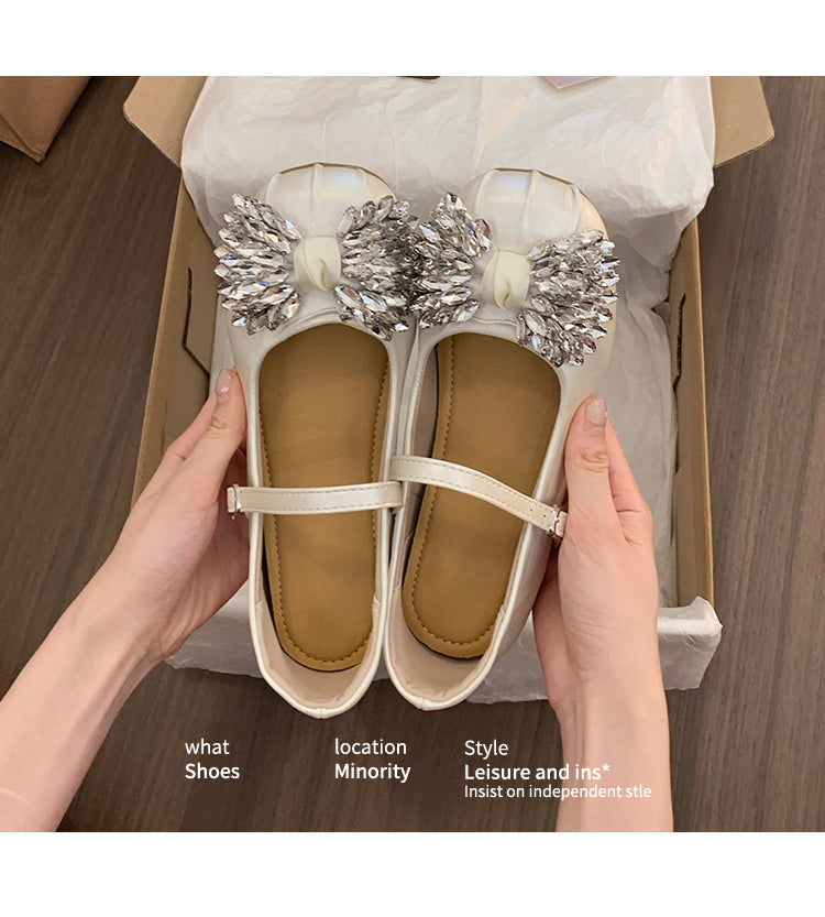 In Stock Women's Mary Jane Flats With Rhinestone Bows, 2026 New Spring Summer Gentle Evening Style Shallow Mouth Soft Sole Leather Shoes
