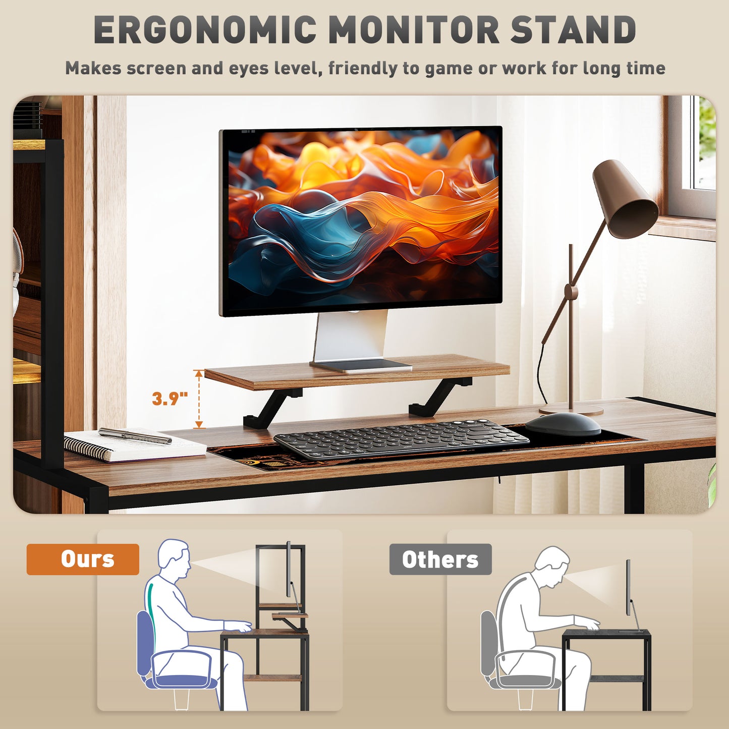Computer Desk, 67" CPU Desk With Monitor Stand, Reversible 4-Tier Shelf, Industrial Writing Desk For Study Room, Brown