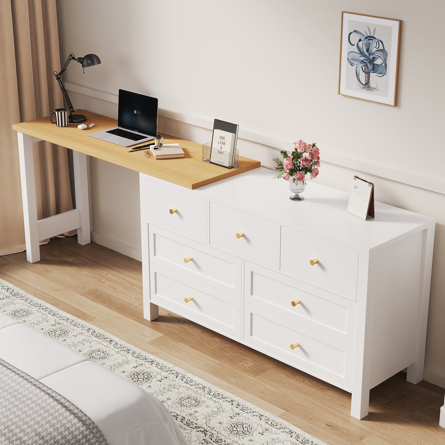 Desk With 7-Drawer Chest Of Drawers -2-in-1 Swivel Workbench And Sideboard, Oak Look, 360 Swivel Table Top, White  Natural, Desk, Dressing Table, L-Shaped Corner Desk