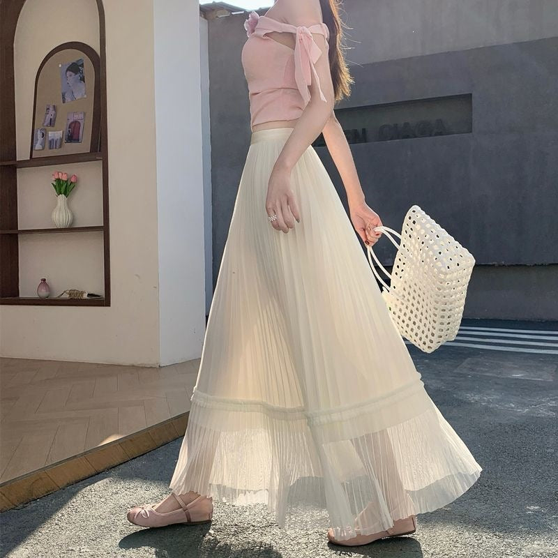 Korean-style Draped Tulle Pleated Skirt For Women