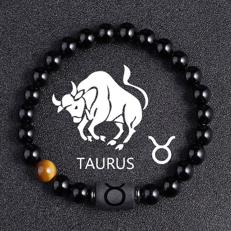 Natural Stone Twelve Zodiac Elastic Bracelet For Men And Women, Zodiac Signs, Obsidian Beads, Couple Fashion Bracelet Accessories