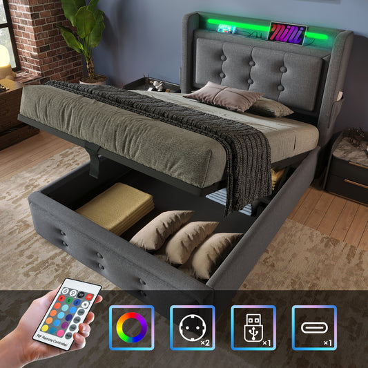 Upholstered Bed 90x200, Single Bed With LED Headboard And USB C Charging Function, Hydraulic Bed With Wooden Slatted Base And Metal Frame, Load Capacity 150 Kg, Grey, Cotton Without Mattress