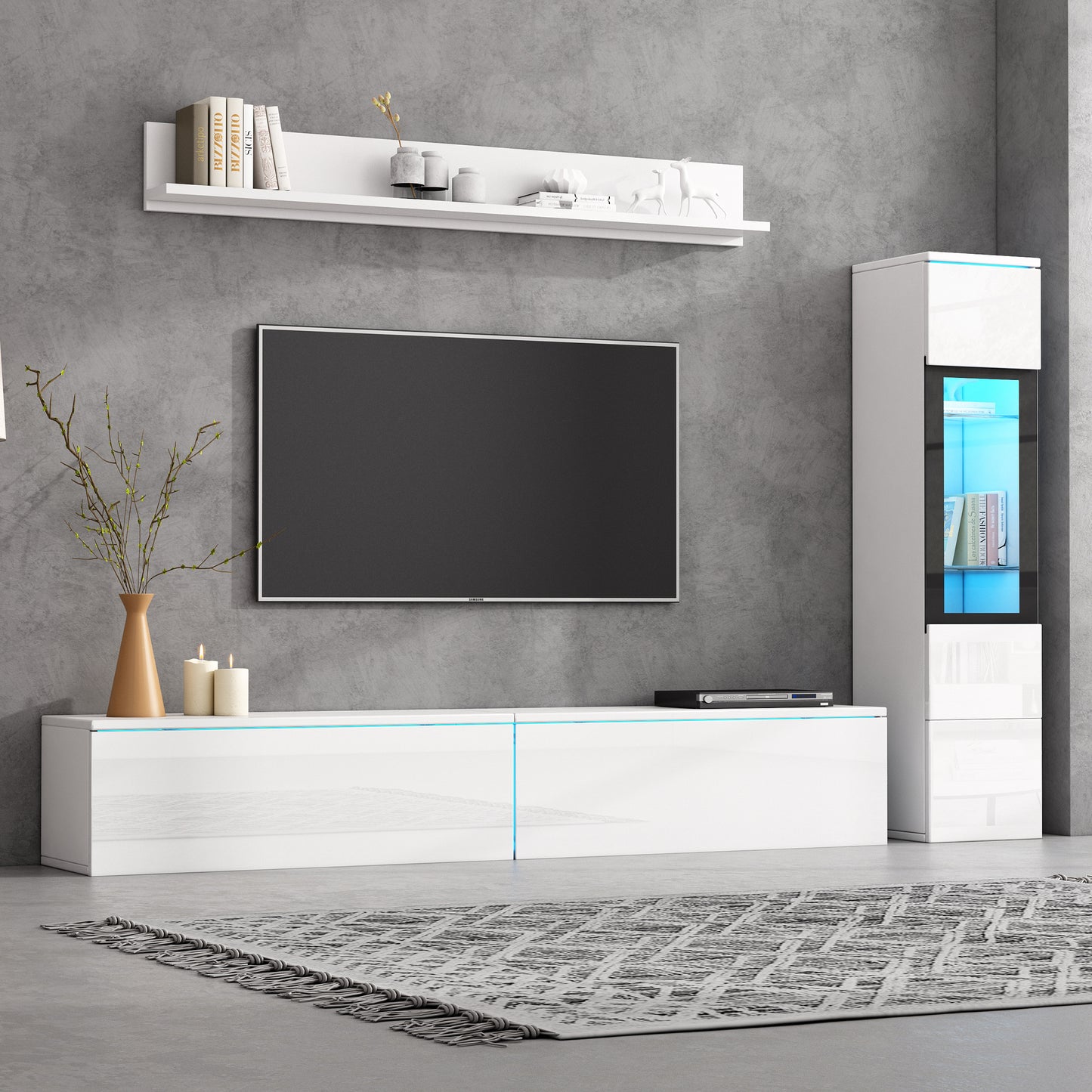 3-piece TV Wall Unit Set With LED Lighting, High-gloss White Living Room Furniture Set1 X TV Cabinet, 1 X Display Cabinet, 1 X Wall Shelf