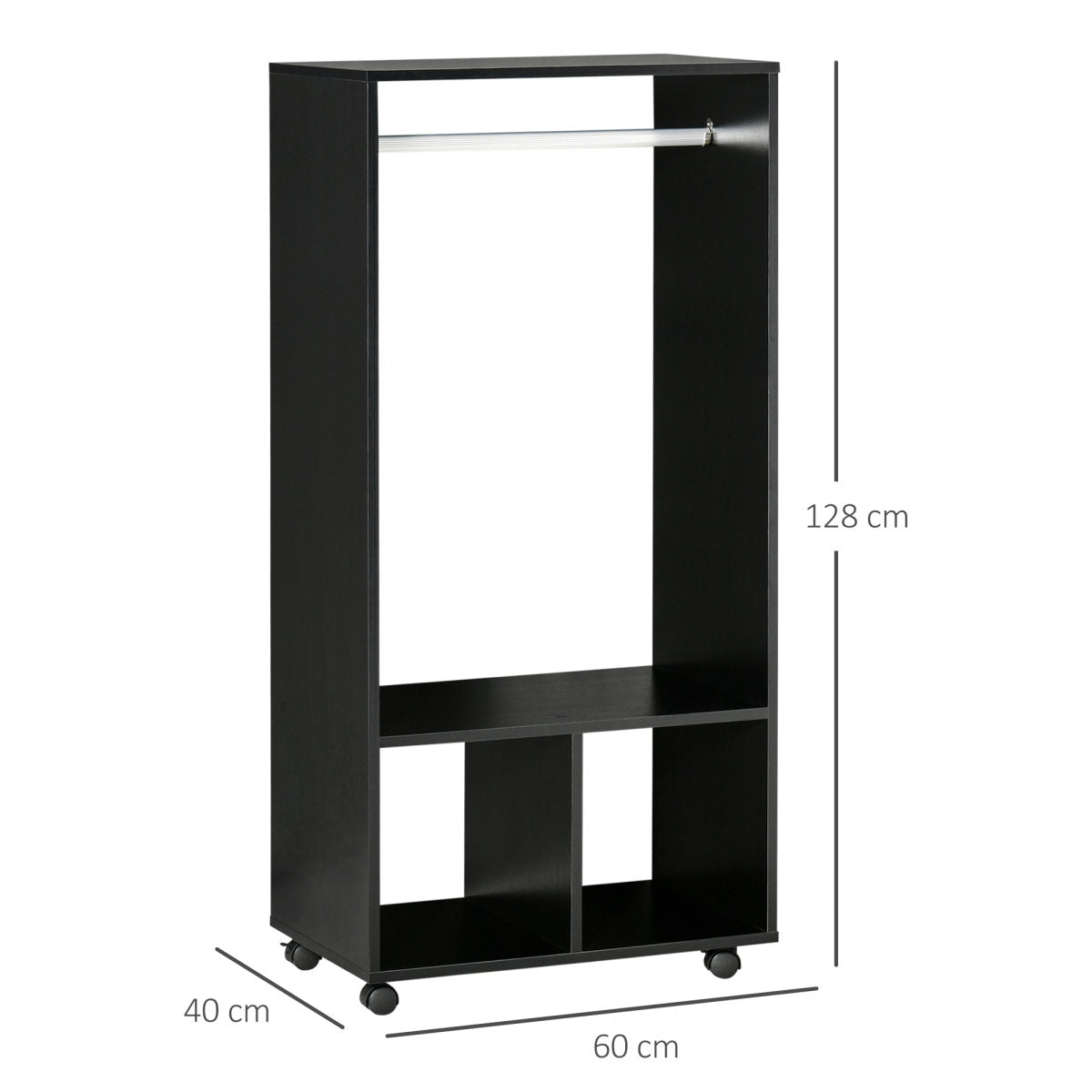 Open Wardrobe On Wheels, Bedroom Wardrobe With Clothes Hanging Rail, 2 Storage Shelves, Mobile Garment Rack For Cloakroom, Hallway, Black