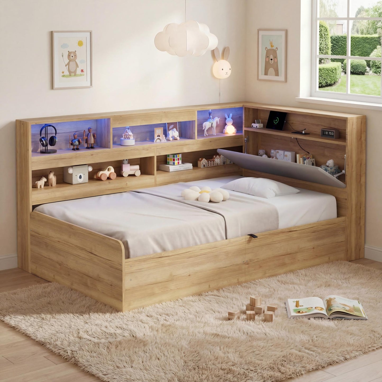 Daybed, Hydraulic Storage Bed, Children's Bed   90x190 Cm  , Wooden Bed, Youth Bed, With USB Charging Station And LED Lighting, Natural Color