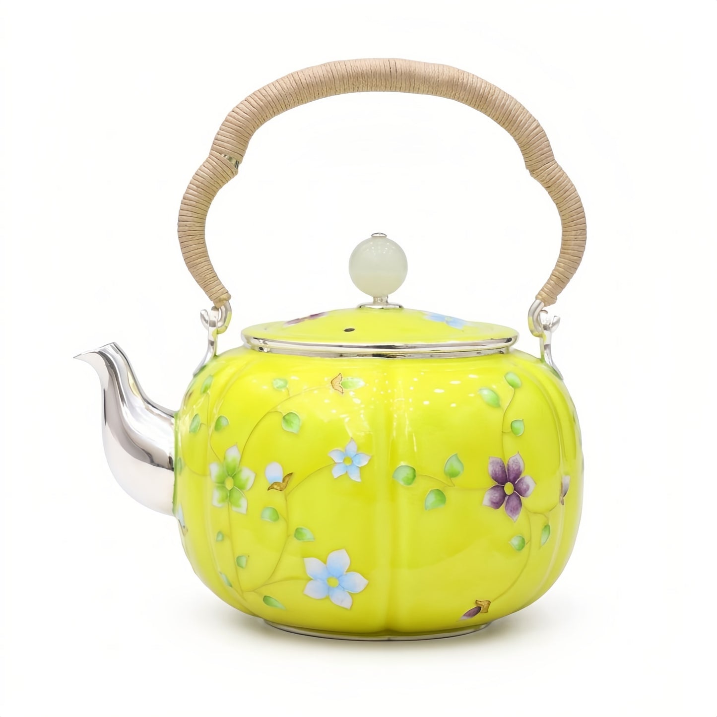 925 Sterling Silver Elegant Hand-Painted Floral Enamel Tea Kettle with Woven Fiber Handle - Handicraft