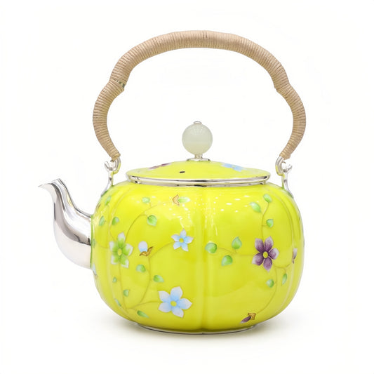 925 Sterling Silver Elegant Hand-Painted Floral Enamel Tea Kettle with Woven Fiber Handle - Handicraft