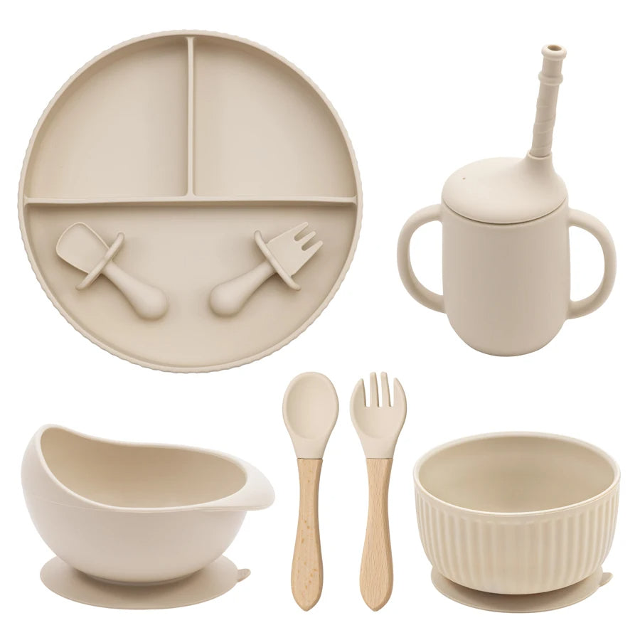 Baby Silicone Cookware Feeding Plate Bowl Set Non-Slip Suction Food Dishes Drinking Cup BPA Free Fork Spoon Children's Tableware