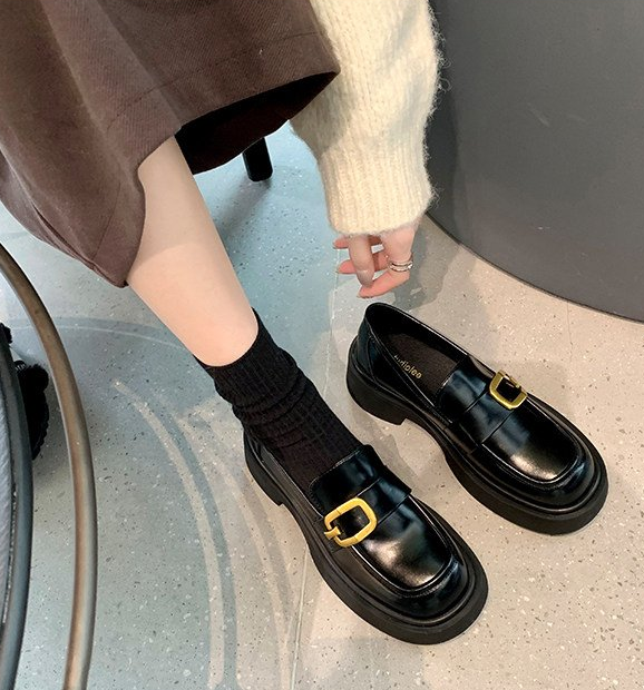 Women One Strap Square Buckle Platform Block Heel Loafers, New Slip-on Square Round Toe Leather Shoes