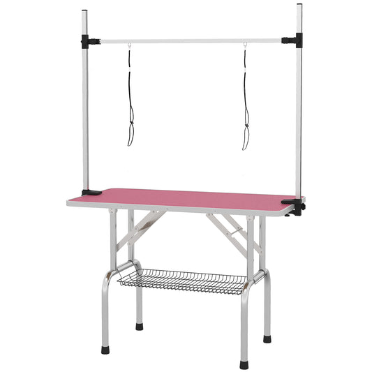 PawHut 42 Dog Grooming Table, Adjustable Pet Cat Drying Beauty Table With 2 Loops Storage Basket, Rubber Top, Pink