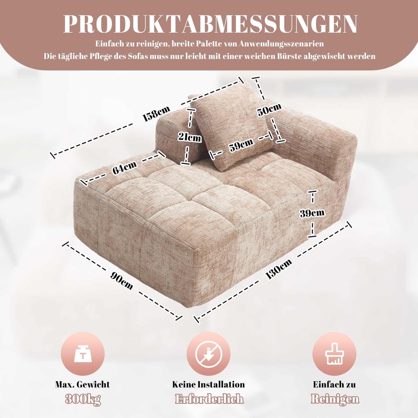 Comfortable Chaise Longue Sofa, No Assembly Required, Soft Sofa With Cushions, Side Pockets For Remote Control And Mobile Phone, Neat And Stylish, Khaki Color