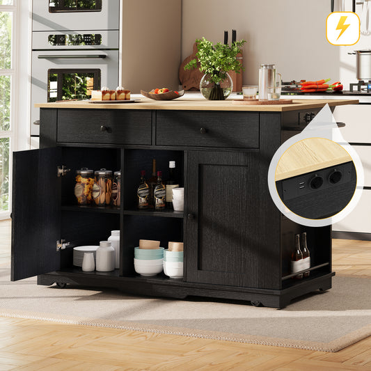 Kitchen Island, Kitchen Trolley Equipped With Power Strip, Kitchen Cabinet, Serving Trolley With Worktop, Buffet Cabinet, Dining Trolley With Wood Grain, Buffet Cabinet,Black