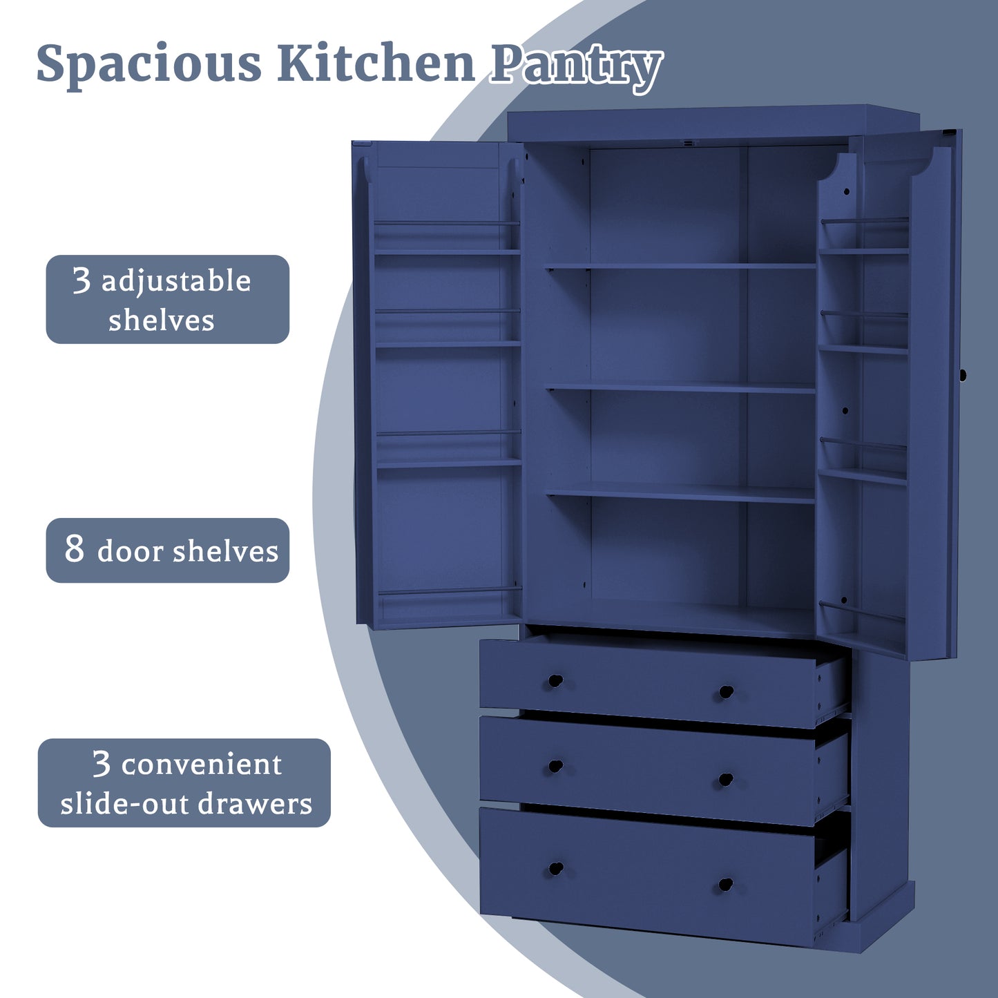 TOPMAx 77inch Farmhouse Kitchen Pantry  Freestanding Tall Cupboard Storage Cabinet With 3 Adjustable Shelves  8 Door Shelves  3 Drawers For Kitchen  Dining Room  Blue