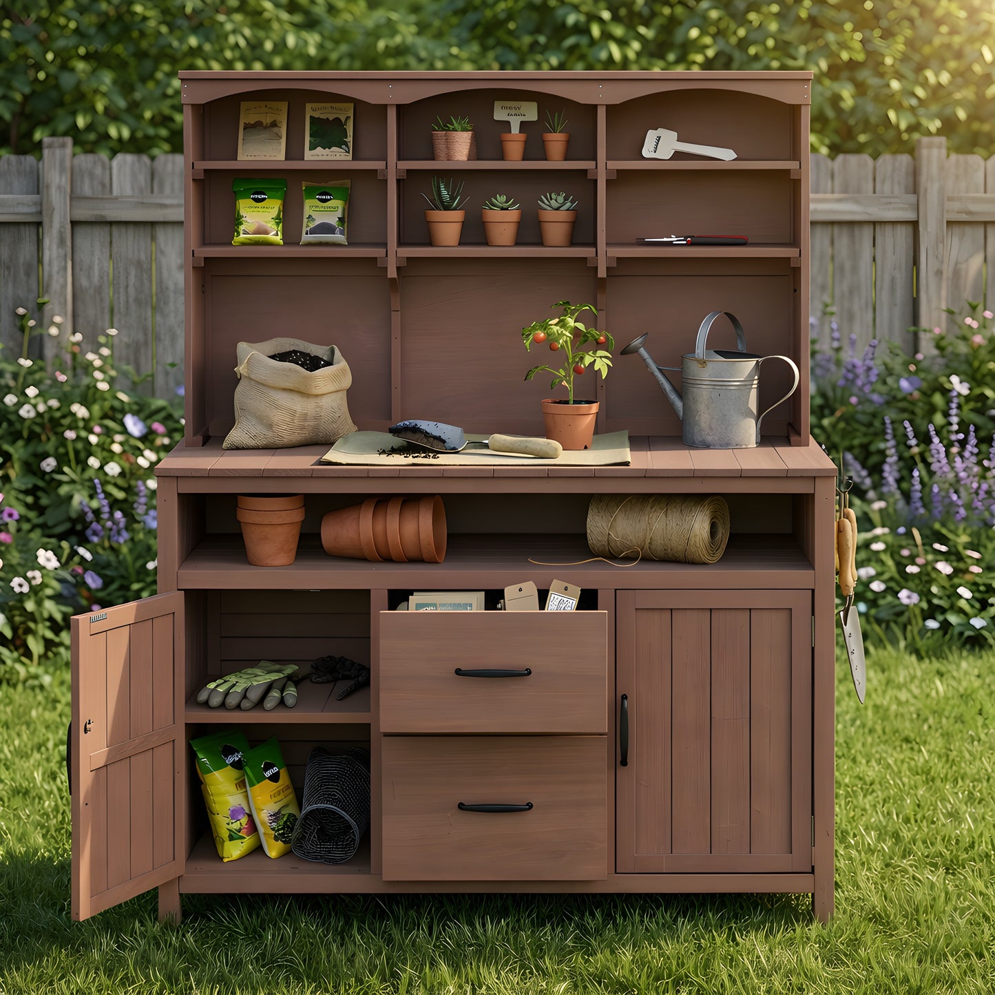 With Assembly Video TOPMAx Large Fir Wood Potting Bench  45.3 L Multi- Functional Outdoor Patio Kitchen Island With Hutch  Cabinets  Drawers & Hooks   Large Countertop For Gardening  Grill  Brown